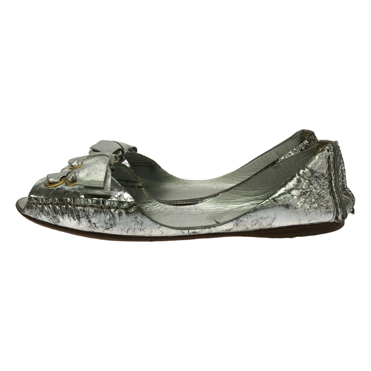 miu miu / ミュウミュウ レザー クラック加工 メタリック リボン装飾  サンダル