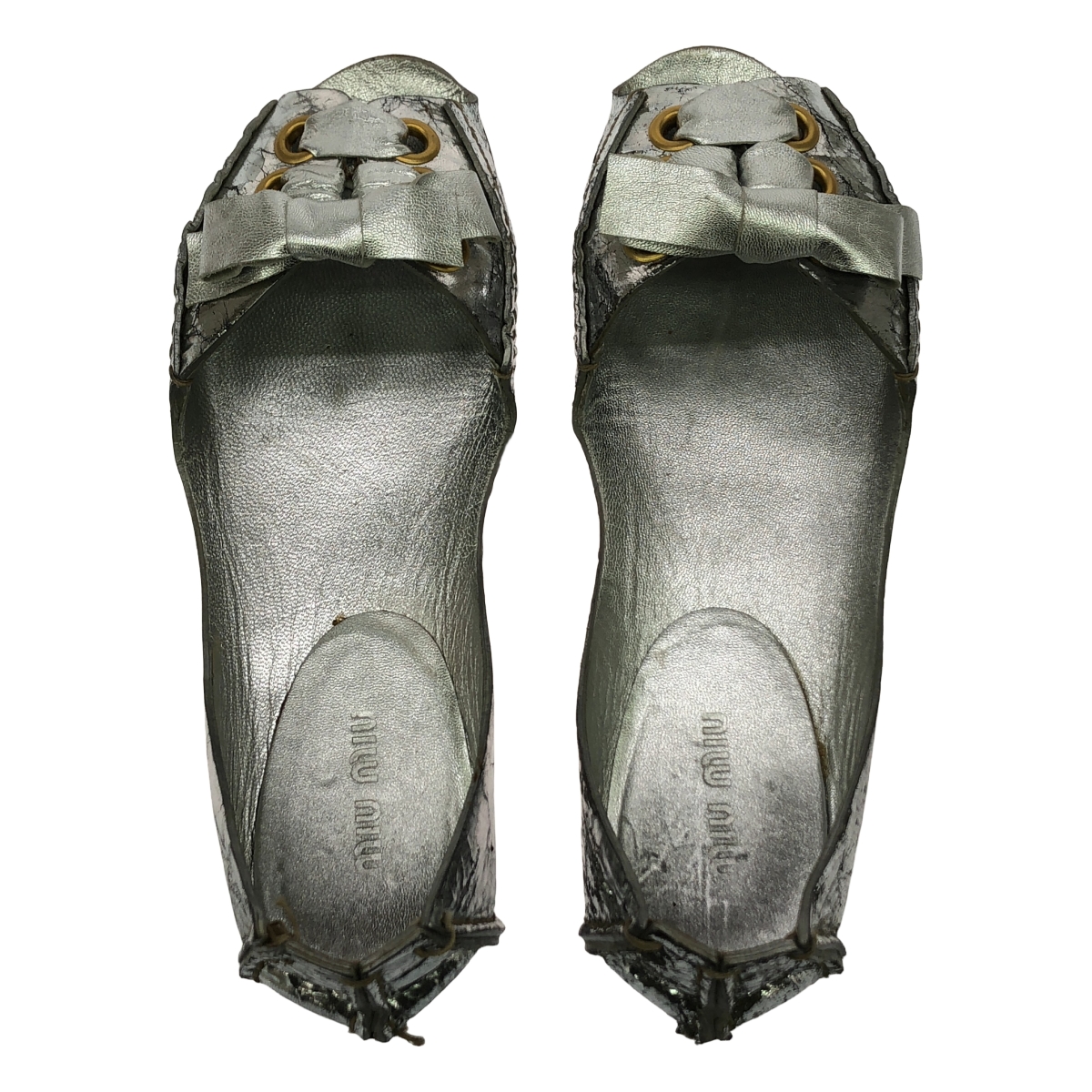 miu miu / ミュウミュウ レザー クラック加工 メタリック リボン装飾  サンダル