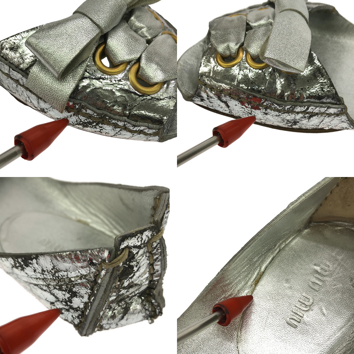 miu miu / ミュウミュウ レザー クラック加工 メタリック リボン装飾  サンダル