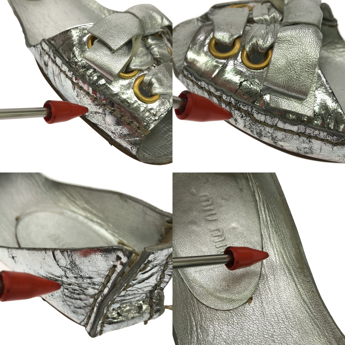 miu miu / ミュウミュウ レザー クラック加工 メタリック リボン装飾  サンダル