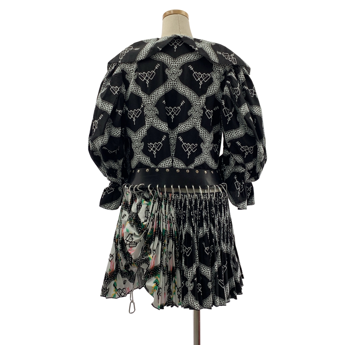 その他 総柄 レザーベルテッド プリーツ ボリューム ドレス ワンピース