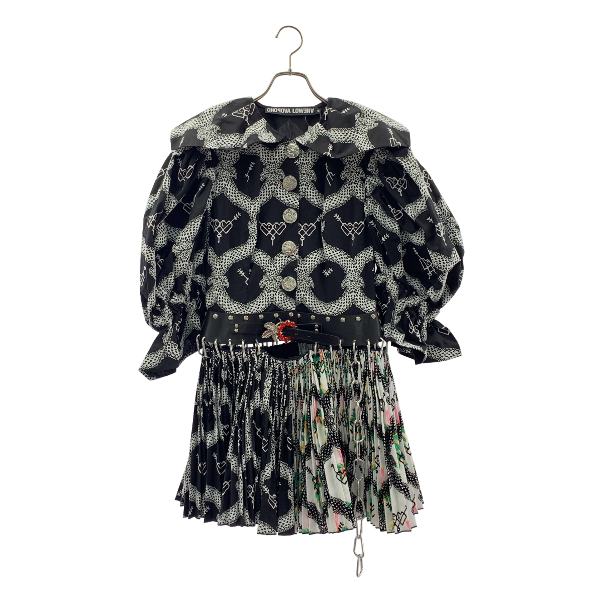 その他 総柄 レザーベルテッド プリーツ ボリューム ドレス ワンピース