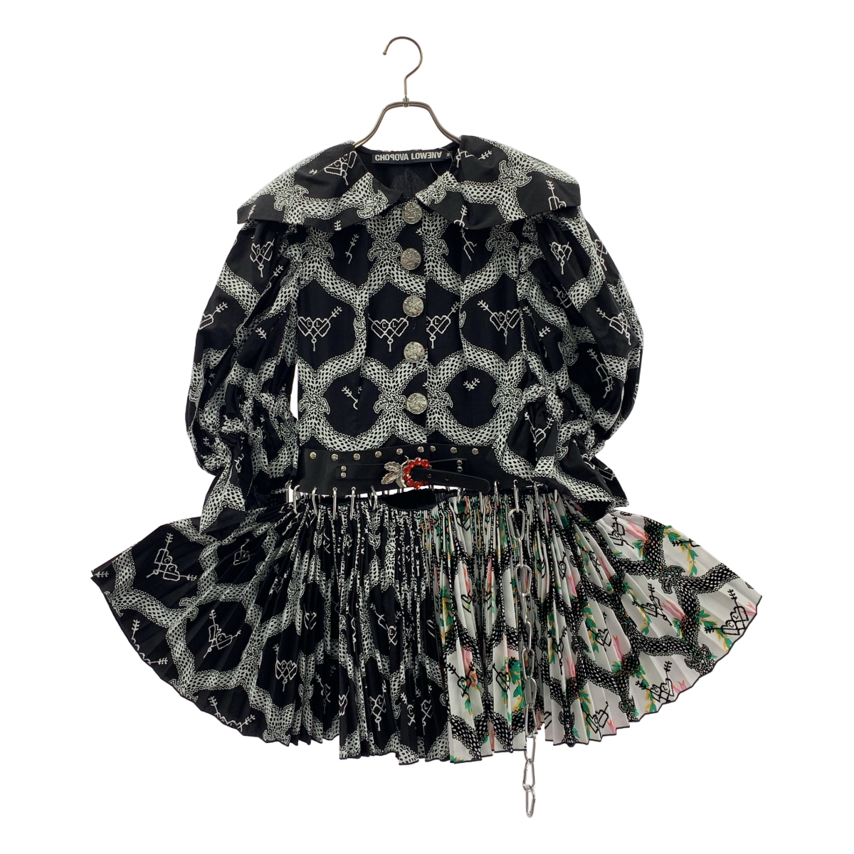 その他 総柄 レザーベルテッド プリーツ ボリューム ドレス ワンピース