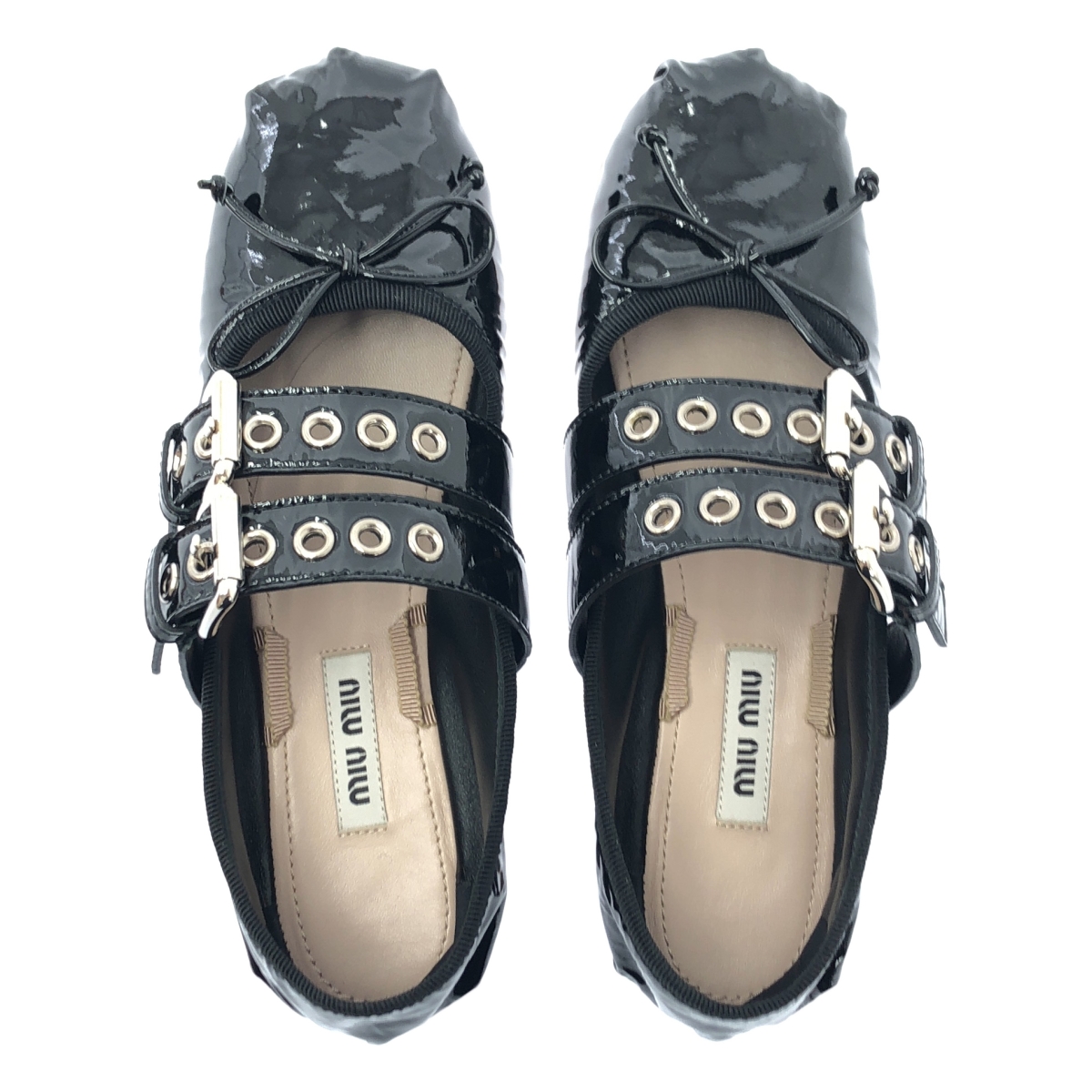 miu miu / ミュウミュウ パテントレザー リボン ダブルストラップ バレエシューズ