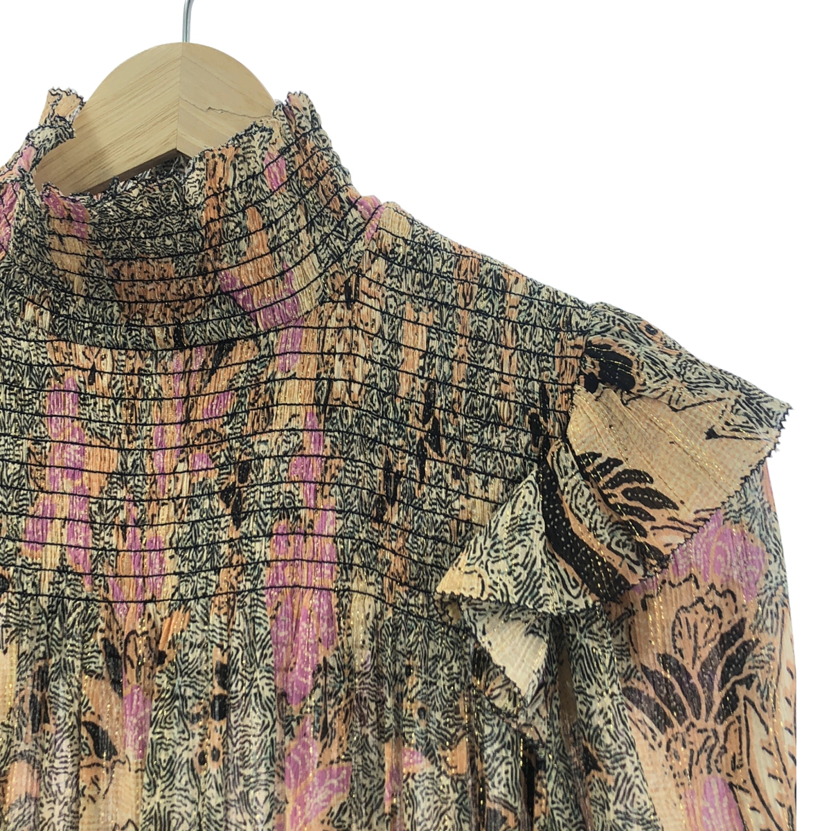 ULLA JOHNSON / ウラジョンソン 金糸混 コットンシルク 総柄 フリル ワンピース