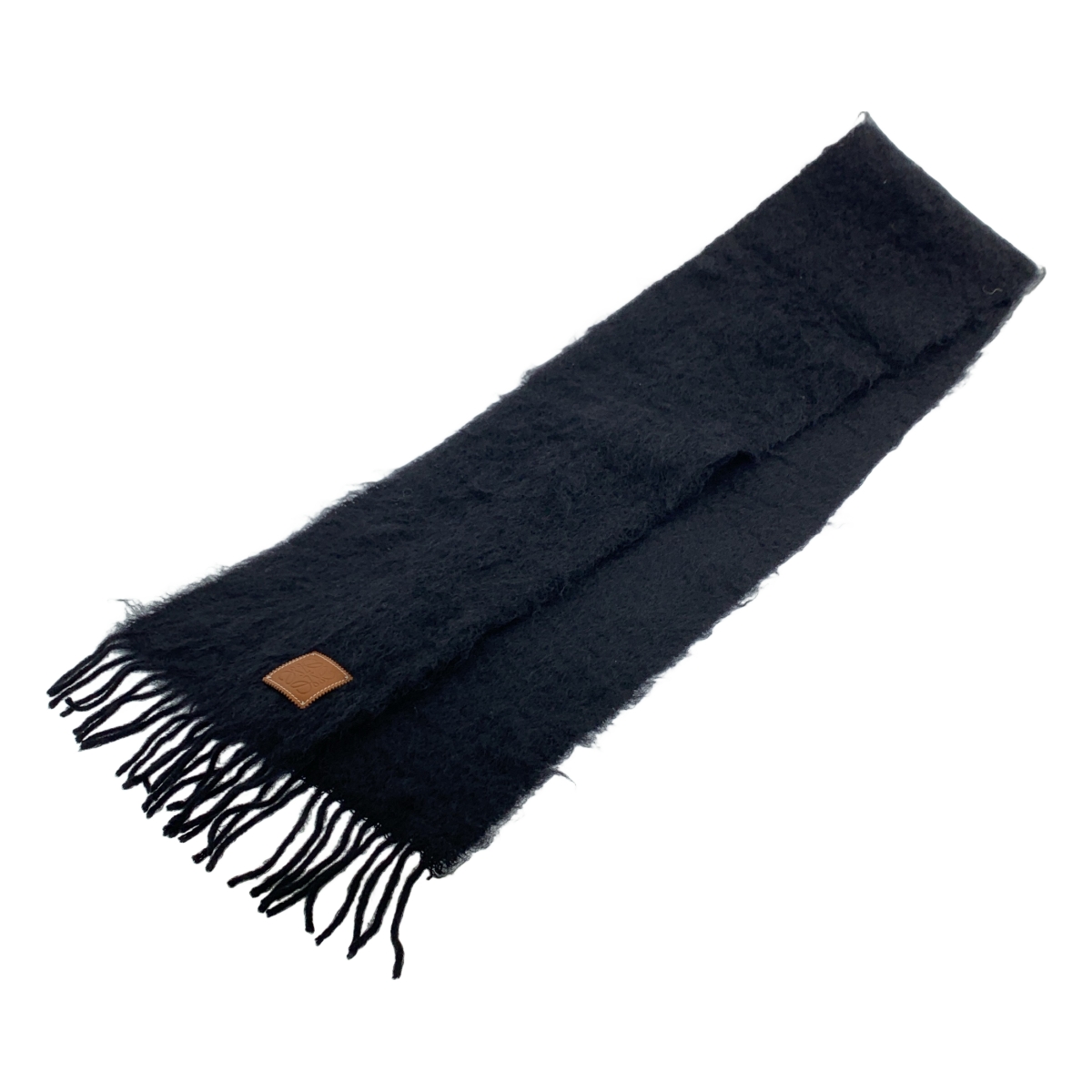 LOEWE / ロエベ ウール モヘヤ アナグラム ロゴレザーパッチ フリンジ ストール マフラー