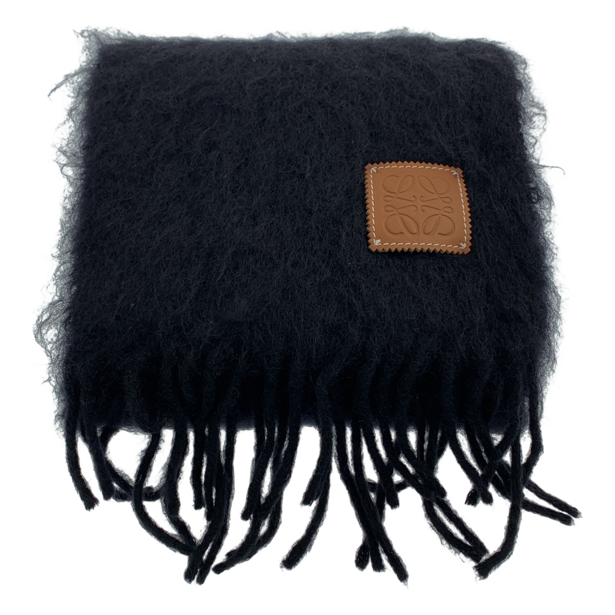LOEWE / ロエベ ウール モヘヤ アナグラム ロゴレザーパッチ フリンジ ストール マフラー