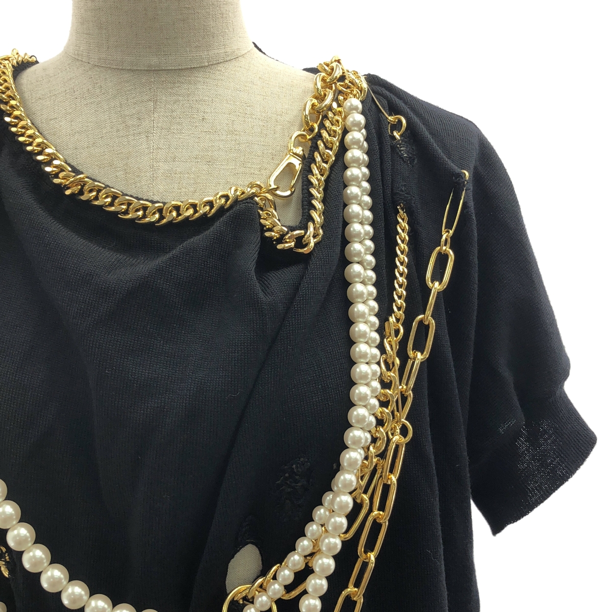 JUNYA WATANABE COMME des GARCONS / ジュンヤワタナベ パール チェーン 装飾 デストロイ ニット セーター