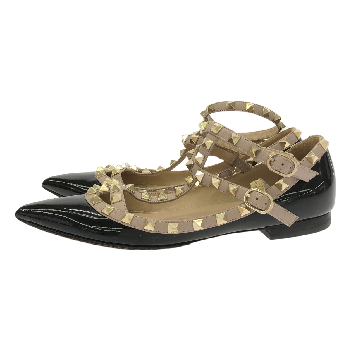 VALENTINO GARAVANI / ヴァレンティノガラヴァーニ レザー ロックスタッズ ポインテッドトゥ ストラップ フラットシューズ