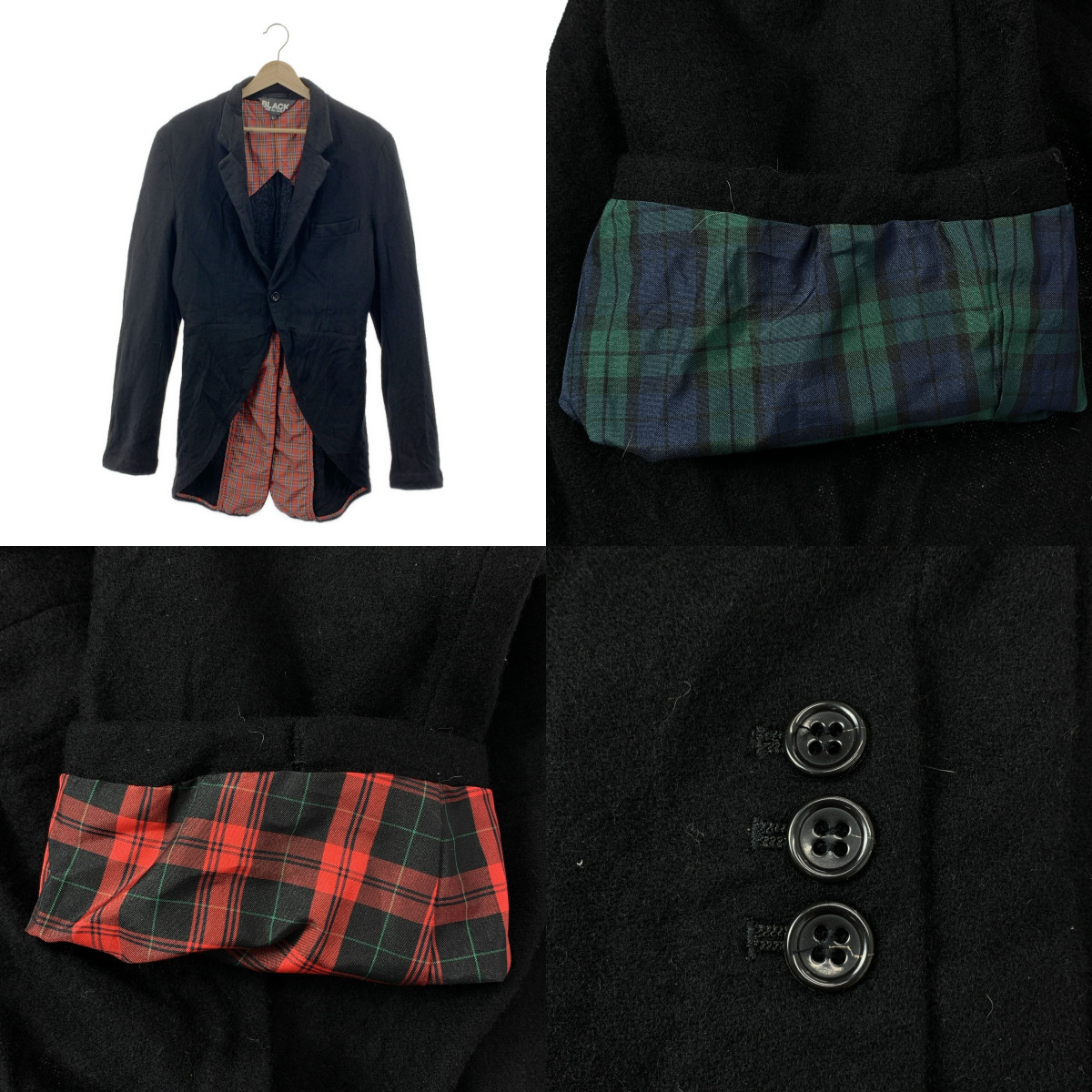 BLACK COMME des GARCONS / ブラックコムデギャルソン ウール 変形 シングルブレスト ロングジャケット / タータンチェック裏地