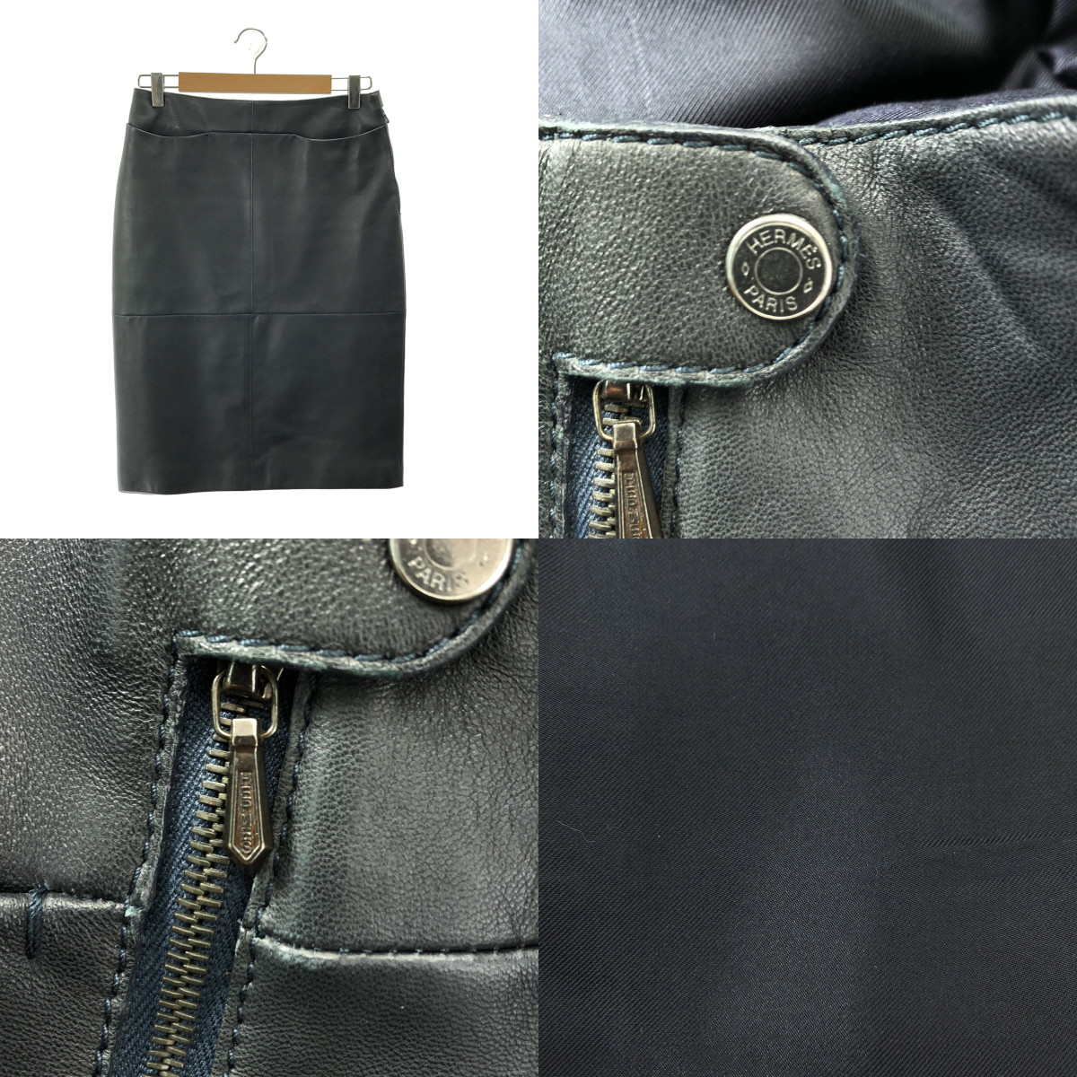 HERMES / エルメス ゴルチエ期 羊革 ラムレザー セリエボタン パッチ バックスリット スカート / 総裏地