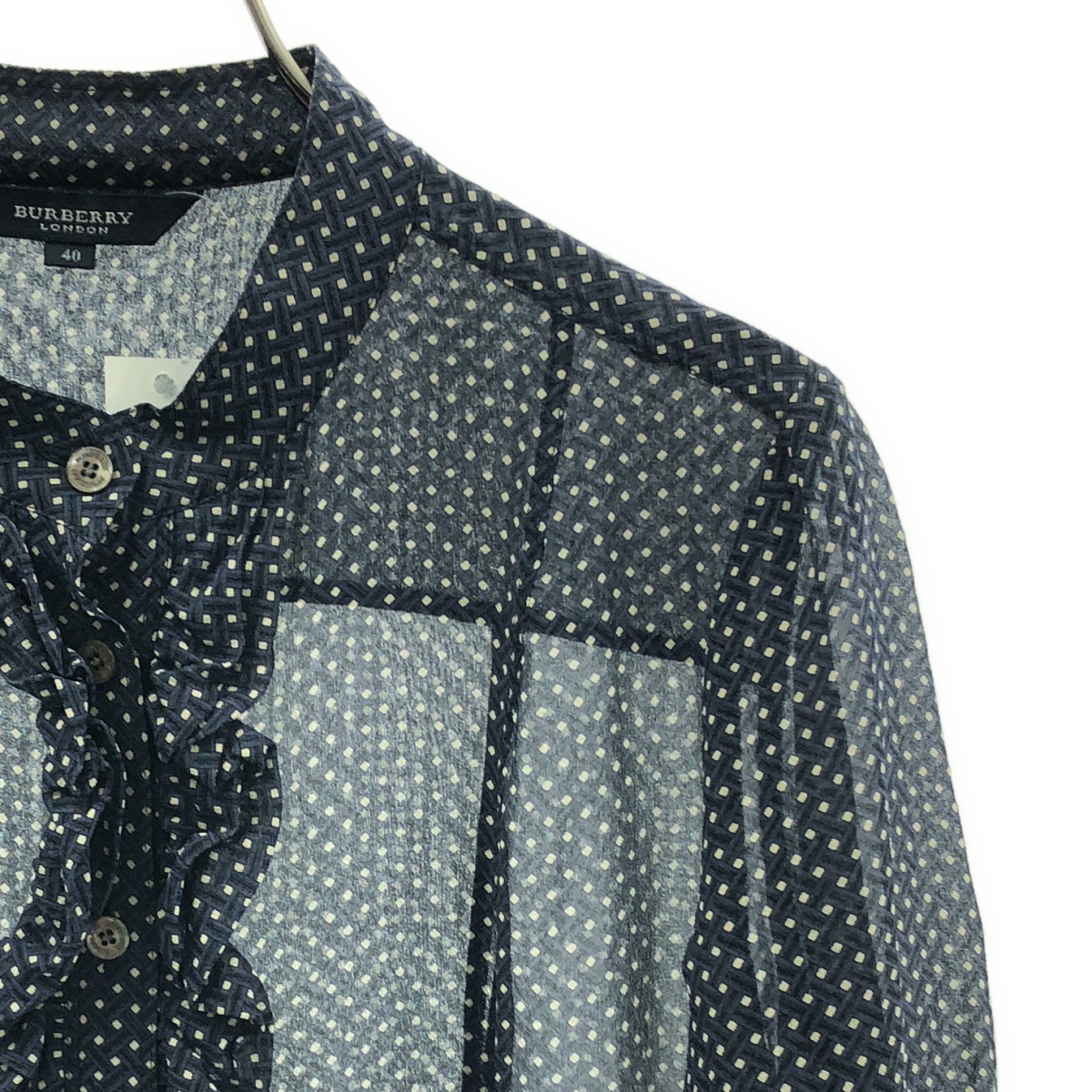 Burberry / バーバリー 総柄 ロゴボタン フリル シアー シャツ ブラウス