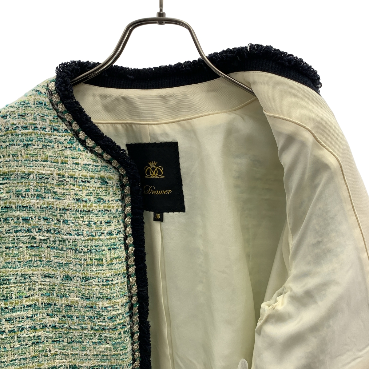 Drawer / ドゥロワー コットン ツイード ノーカラー ジャケット