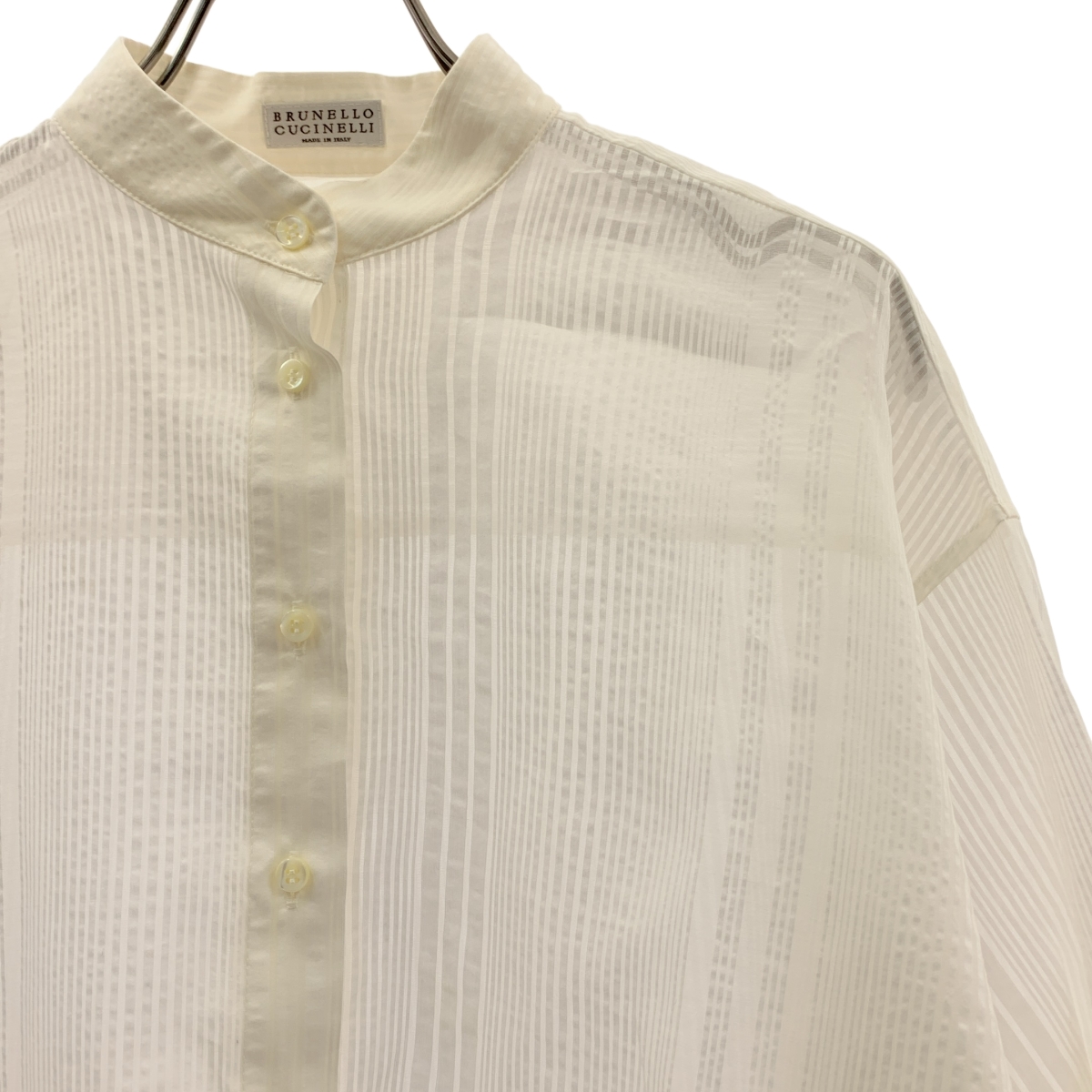 BRUNELLO CUCINELLI / ブルネロクチネリ コットン シルク ビジュー装飾 ストライプ バンドカラーシャツ