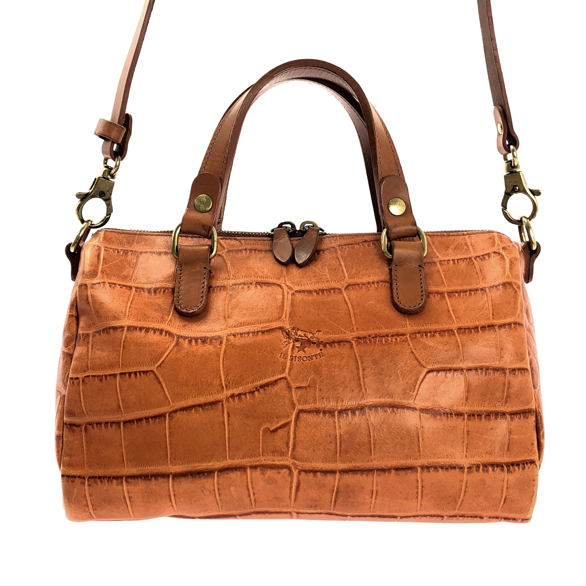 IL BISONTE / イルビゾンテ 2way ショルダー付き クロコ型押し ボストン ハンドバッグ