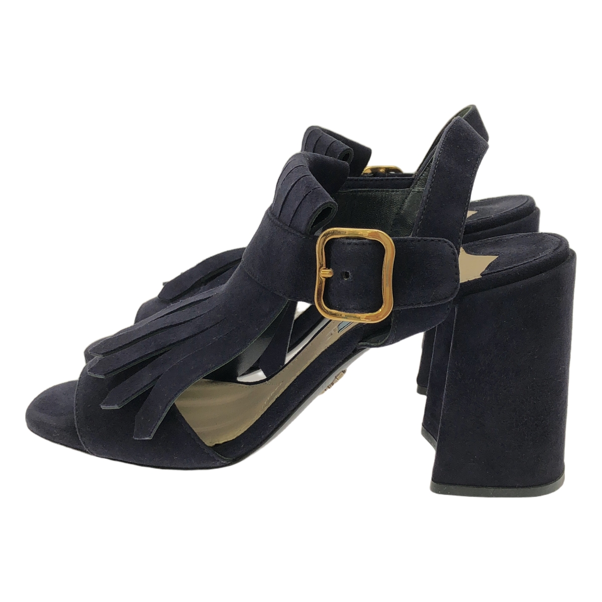 PRADA / プラダ スエード レザー キルト フリンジ ストラップ チャンキーヒール サンダル