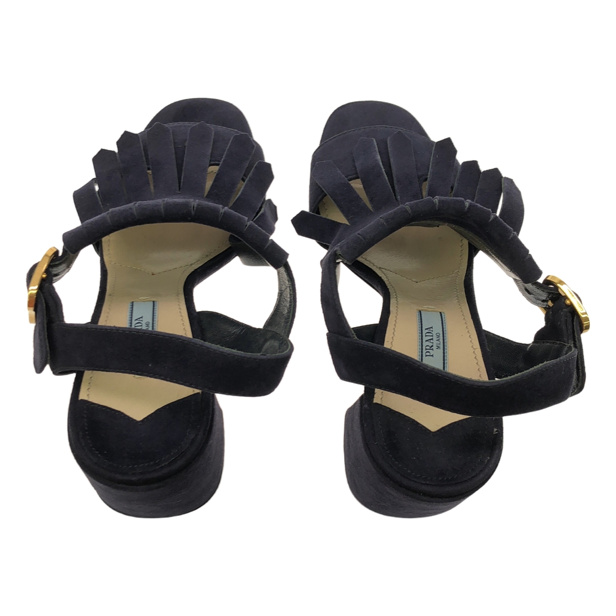 PRADA / プラダ スエード レザー キルト フリンジ ストラップ チャンキーヒール サンダル