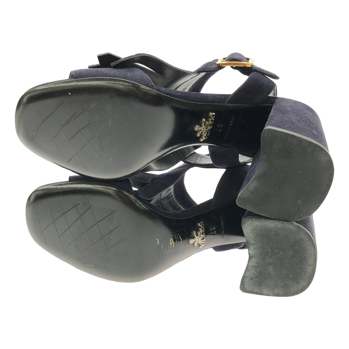 PRADA / プラダ スエード レザー キルト フリンジ ストラップ チャンキーヒール サンダル