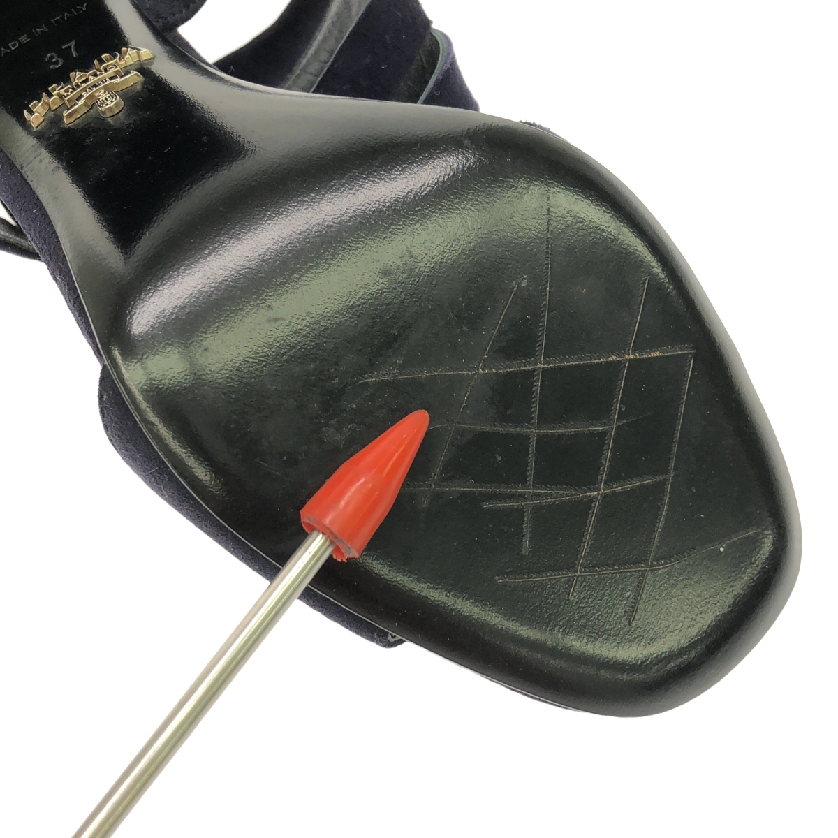 PRADA / プラダ スエード レザー キルト フリンジ ストラップ チャンキーヒール サンダル