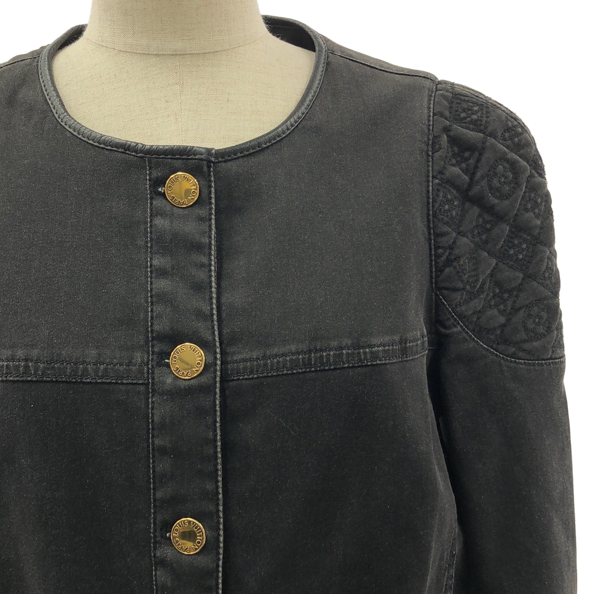 Louis Vuitton / ルイヴィトン モノグラム エンブロイダリー ロゴボタン ラムレザーパイピング ノーカラー ジャケット
