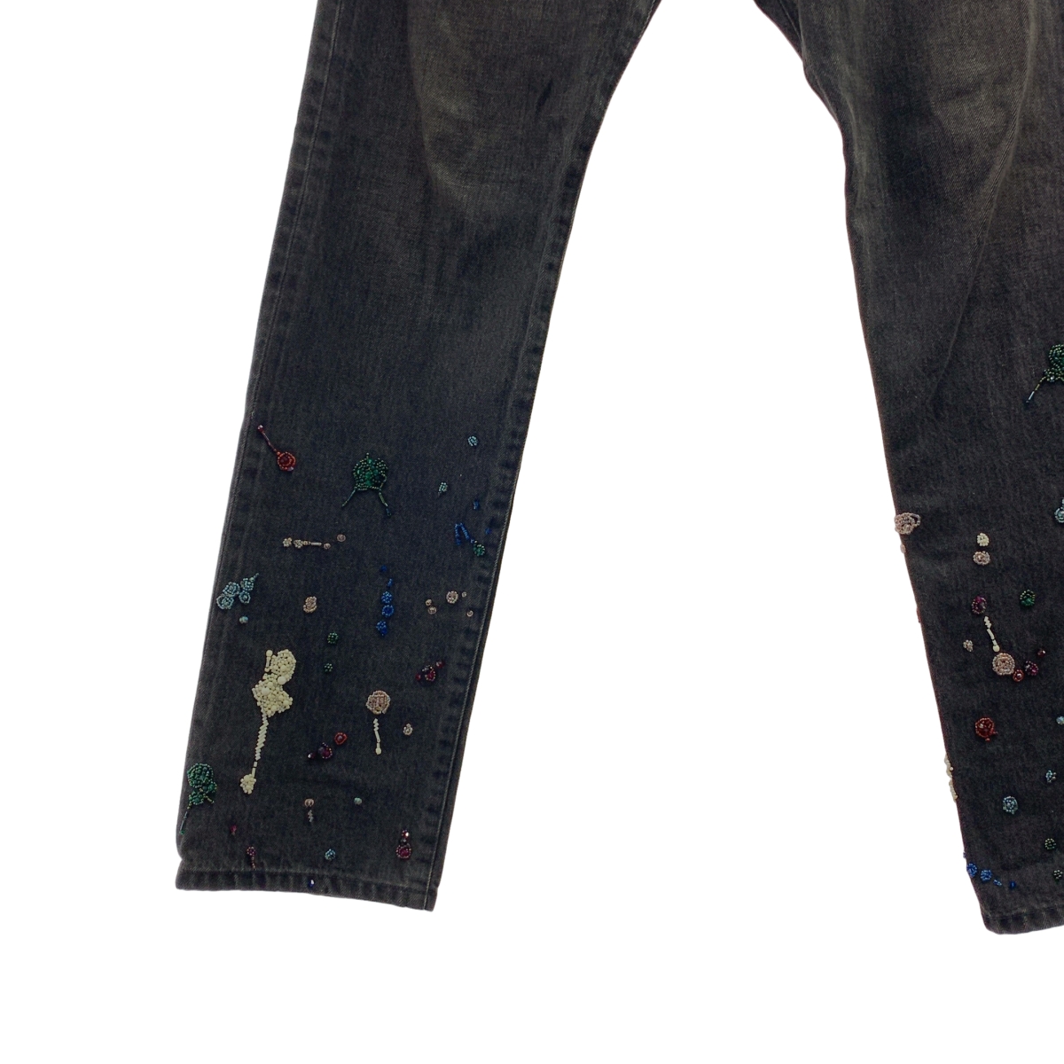 その他 ドリップビーズ 装飾 レザーロゴパッチ セルビッチ ブラックデニム パンツ