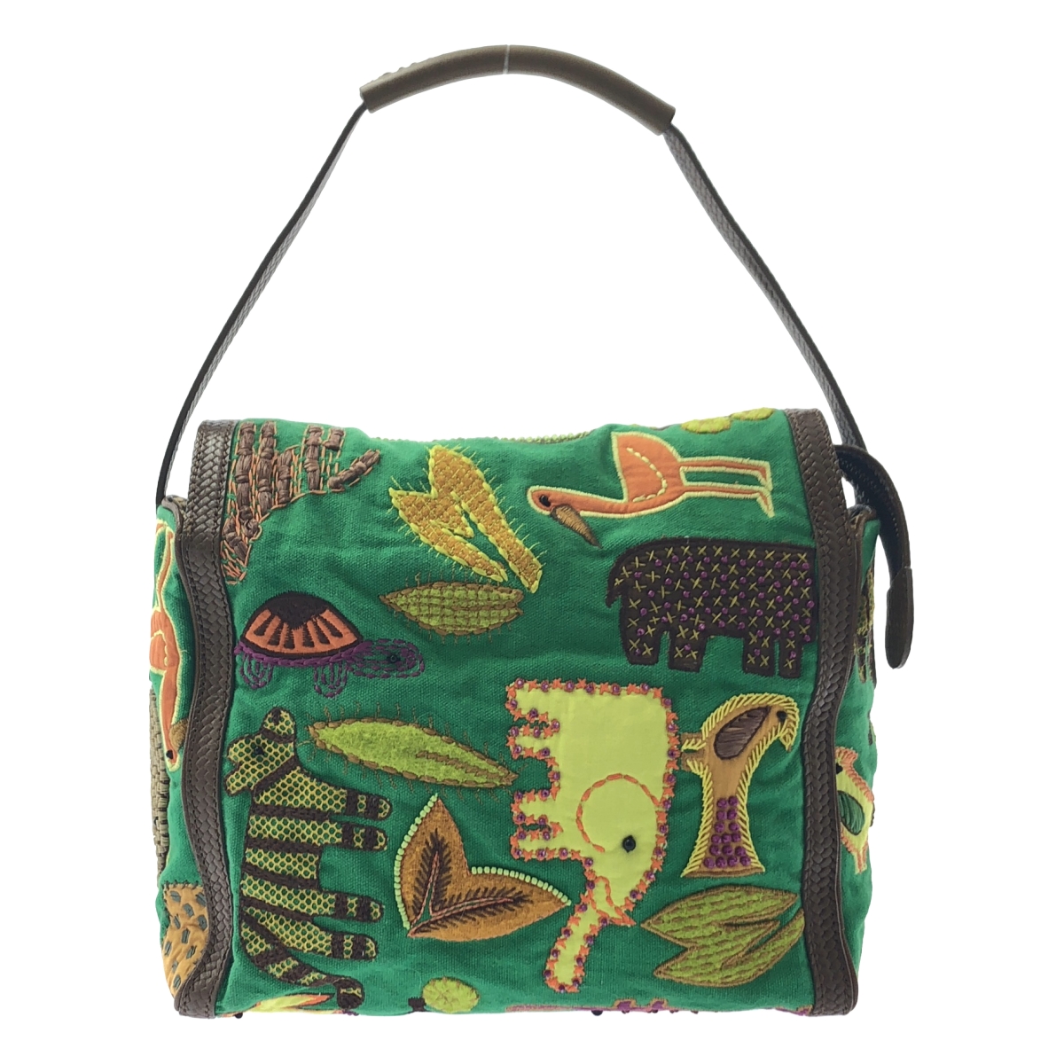 JAMIN PUECH / ジャマンピエッシュ レザー切替 ビジュー装飾 エンブロイダリー アニマル ハンドバッグ