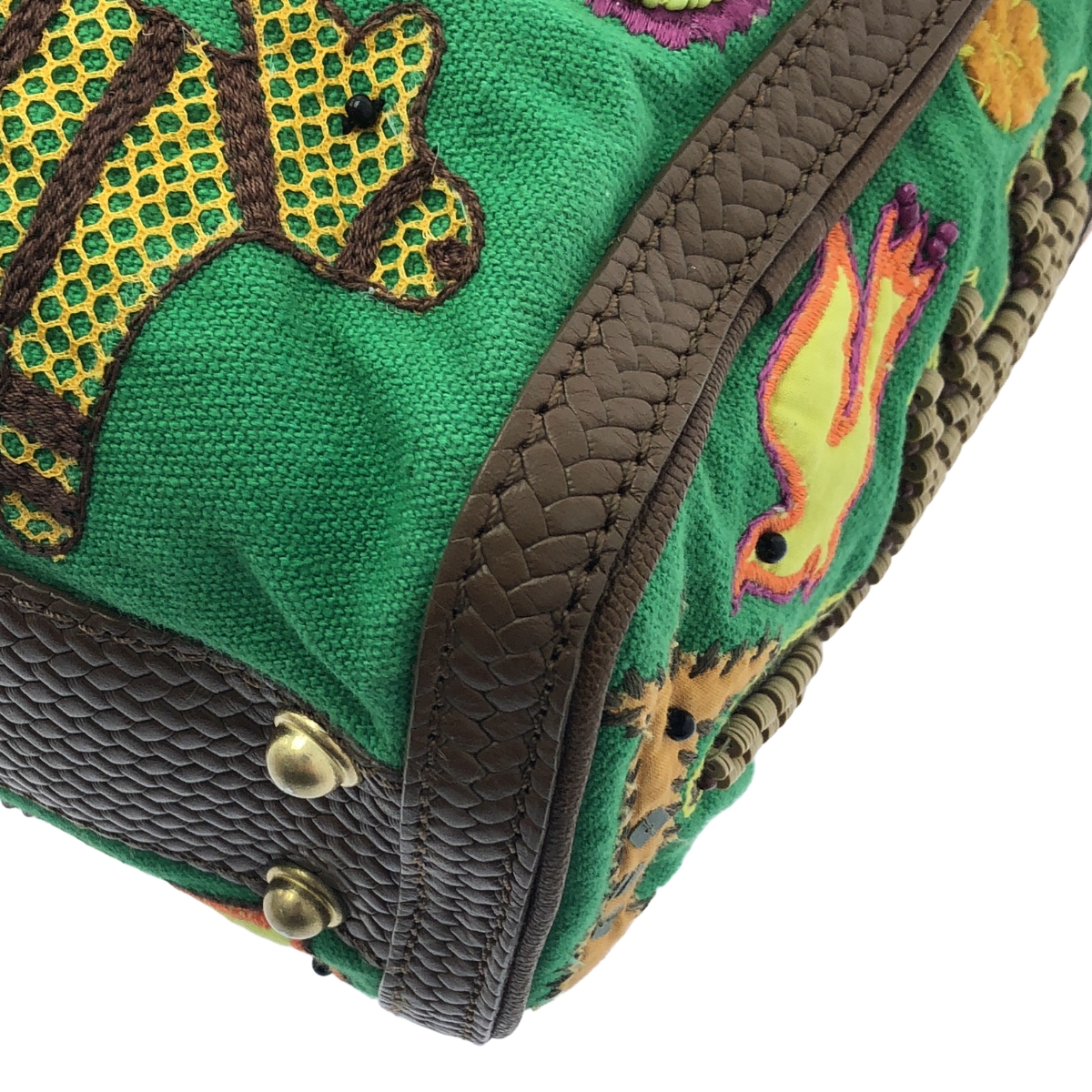 JAMIN PUECH / ジャマンピエッシュ レザー切替 ビジュー装飾 エンブロイダリー アニマル ハンドバッグ