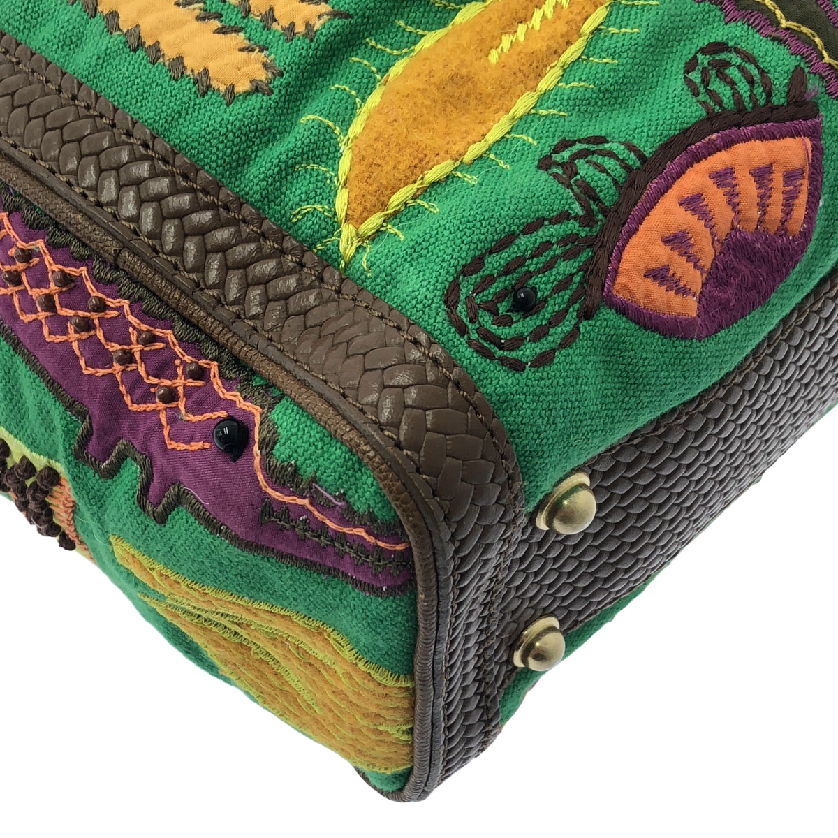 JAMIN PUECH / ジャマンピエッシュ レザー切替 ビジュー装飾 エンブロイダリー アニマル ハンドバッグ