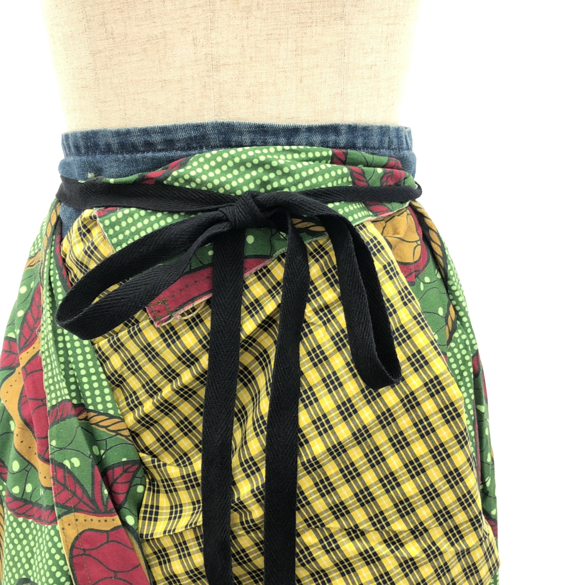 JUNYA WATANABE COMME des GARCONS / ジュンヤワタナベ 総柄 変形 ダメージ加工 デニムドッキング ラップ 巻きスカート