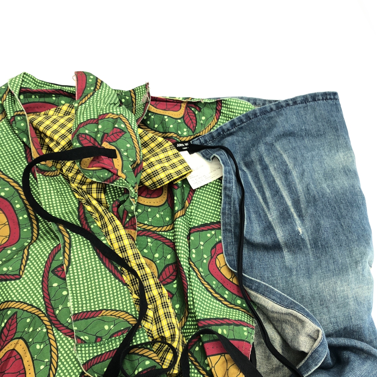 JUNYA WATANABE COMME des GARCONS / ジュンヤワタナベ 総柄 変形 ダメージ加工 デニムドッキング ラップ 巻きスカート