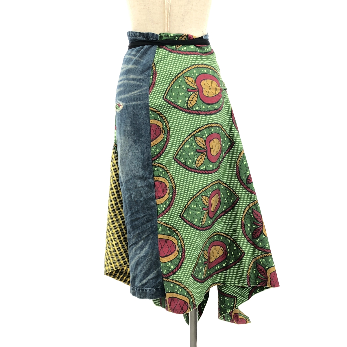 JUNYA WATANABE COMME des GARCONS / ジュンヤワタナベ 総柄 変形 ダメージ加工 デニムドッキング ラップ 巻きスカート