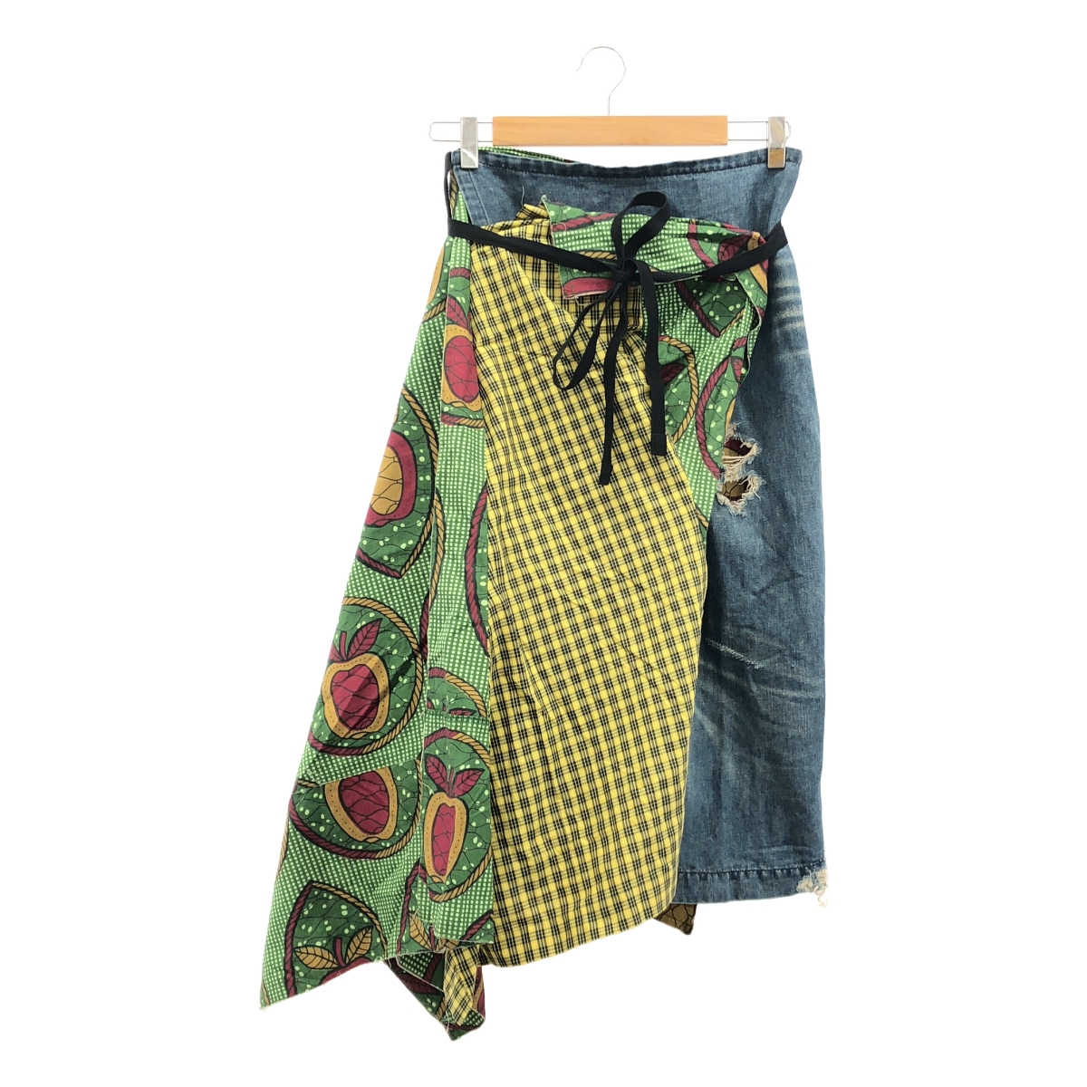 JUNYA WATANABE COMME des GARCONS / ジュンヤワタナベ 総柄 変形 ダメージ加工 デニムドッキング ラップ 巻きスカート