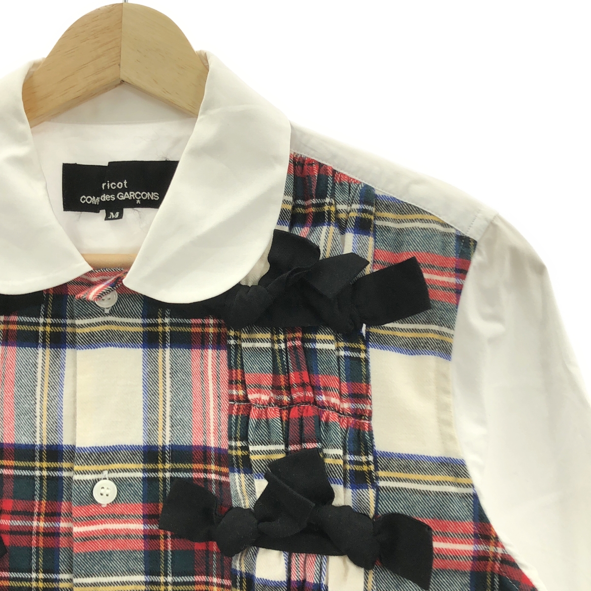 tricot COMME des GARCONS / トリココムデギャルソン 異素材 チェック リボン 装飾 ラウンドカラーシャツ