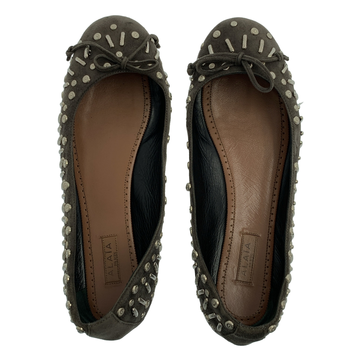 ALAIA / アライア スエードレザー スタッズ リボン バレリーナ フラットシューズ