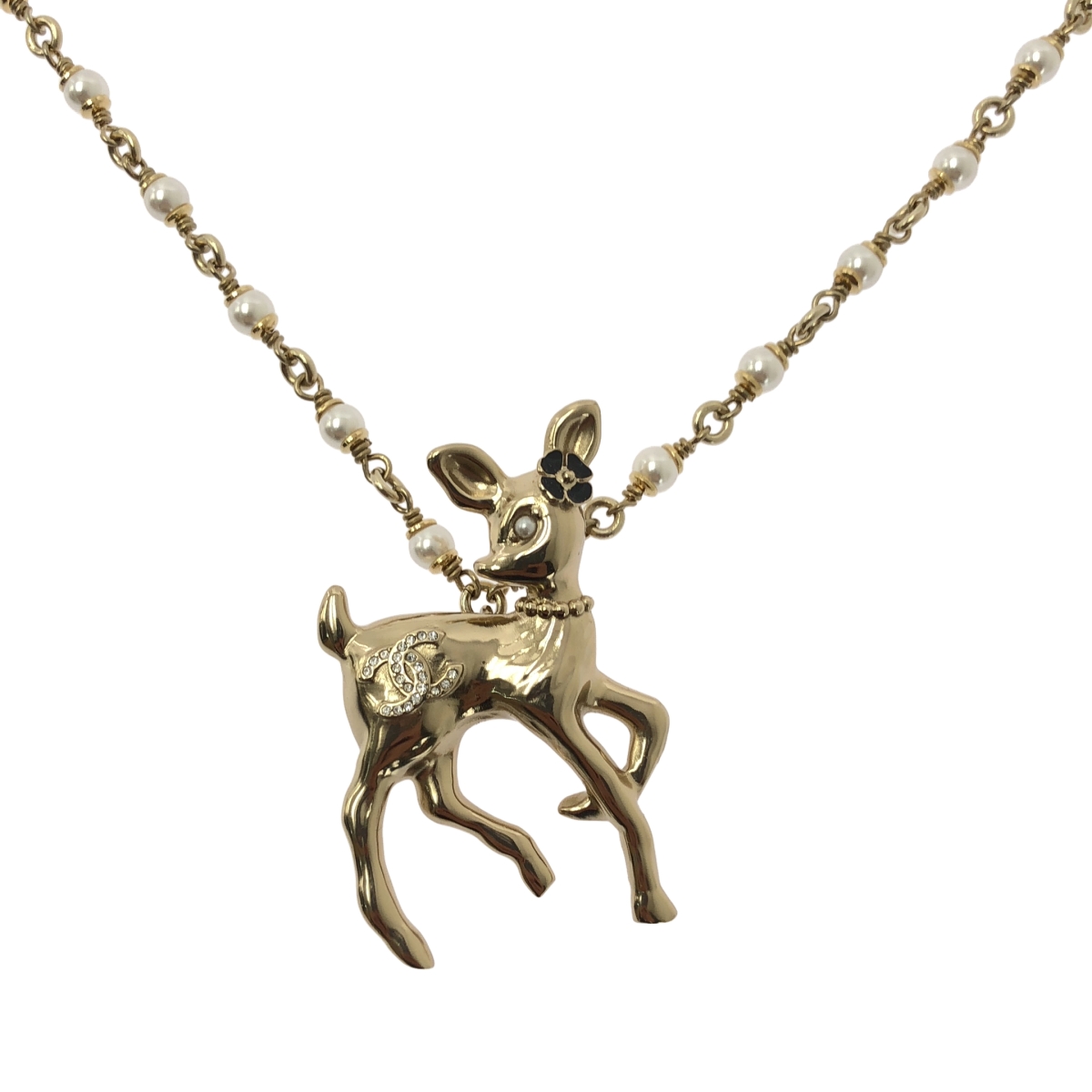 CHANEL / シャネル ABF289 ココマーク バンビ ラインストーン フェイクパール装飾 チェーンネックレス