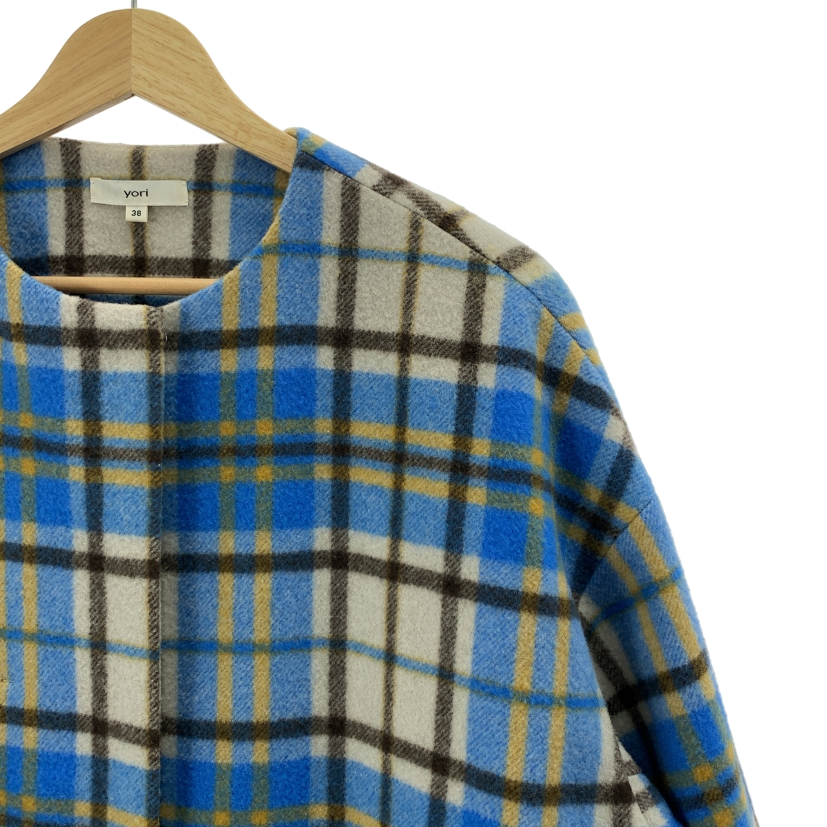 yori / ヨリ ノーカラー ウール チェックコート