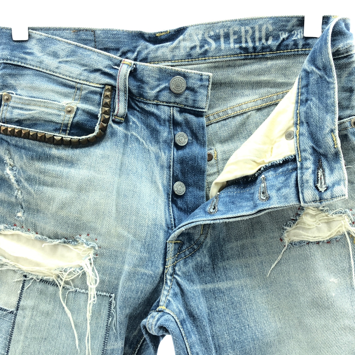HYSTERIC GLAMOUR / ヒステリックグラマー ダメージ加工 スタッズ パッチワーク セルビッチ デニムパンツ