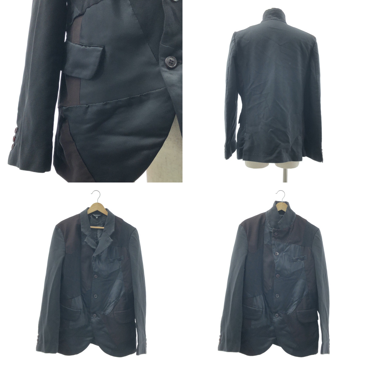 BLACK COMME des GARCONS / ブラックコムデギャルソン ポリエステル 製品加工 異素材 切替 パッチワーク シングルジャケット