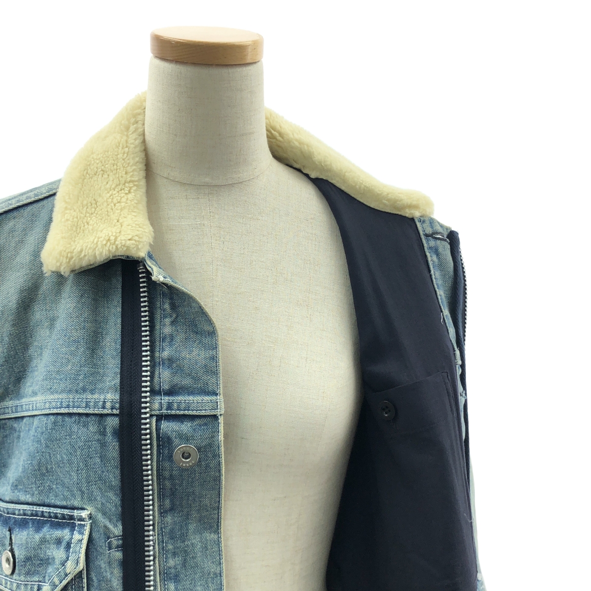 sacai / サカイ Denim Layerd Boa Jacket / デニム ドッキング ボアカラー オーバーコート