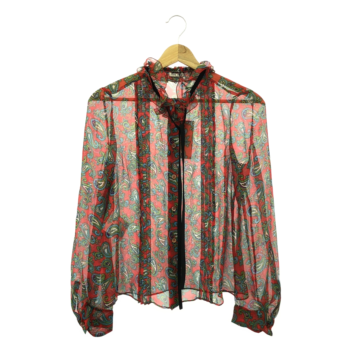 miu miu / ミュウミュウ 総柄 フリルカラー ピンタック シアー シャツ ブラウス