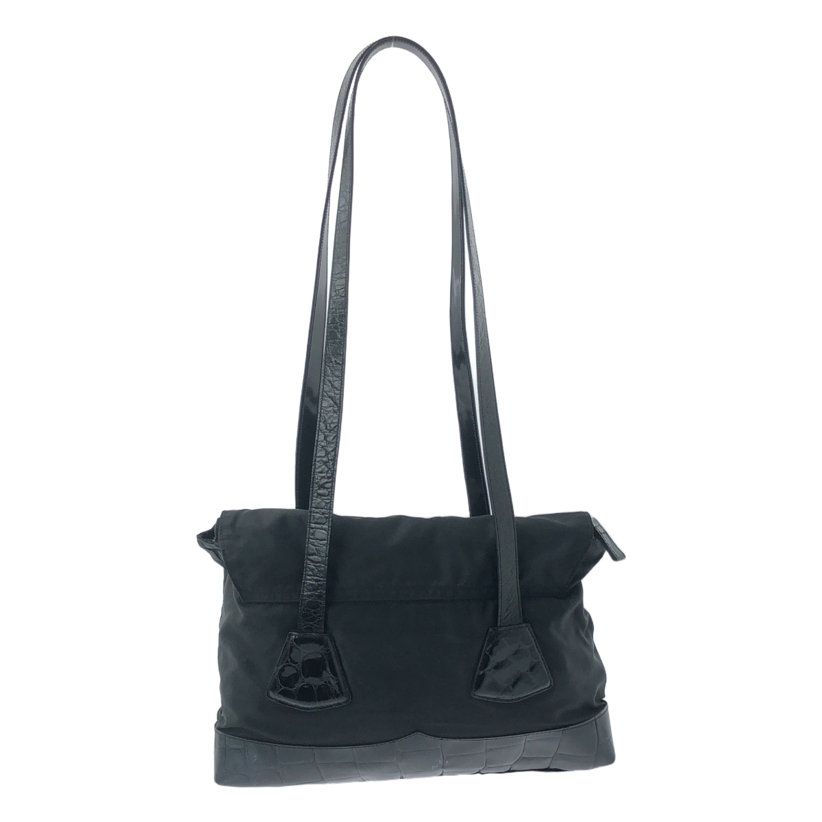 PRADA / プラダ ナイロン クロコ 型押し 切替 プレートロゴ ロングハンドル トートバッグ