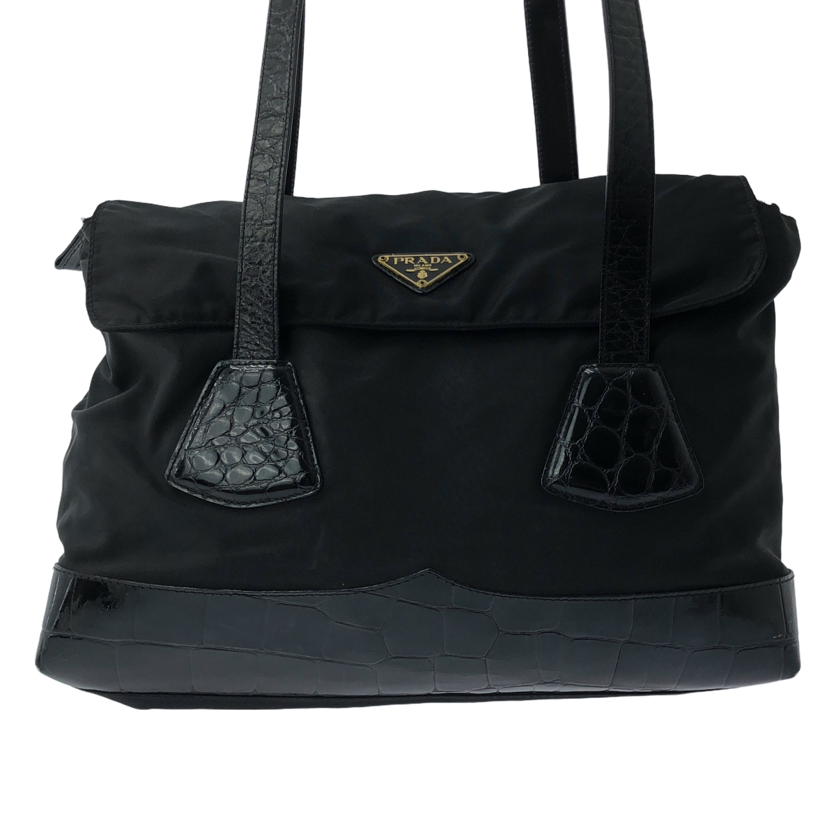 PRADA / プラダ ナイロン クロコ 型押し 切替 プレートロゴ ロングハンドル トートバッグ