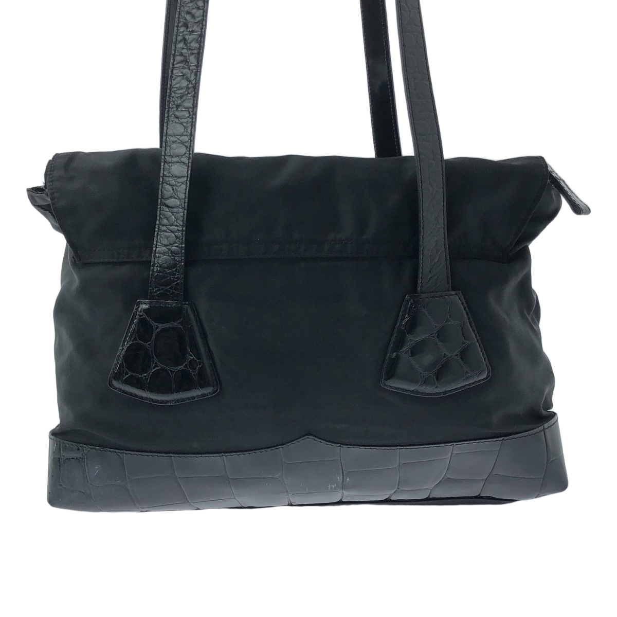 PRADA / プラダ ナイロン クロコ 型押し 切替 プレートロゴ ロングハンドル トートバッグ