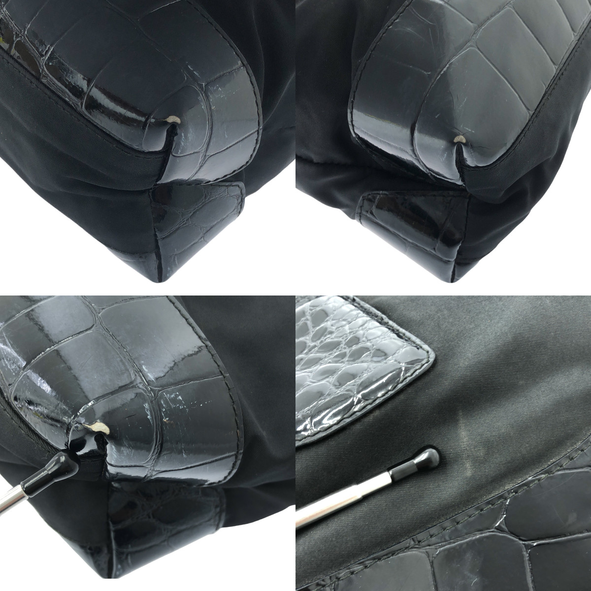 PRADA / プラダ ナイロン クロコ 型押し 切替 プレートロゴ ロングハンドル トートバッグ