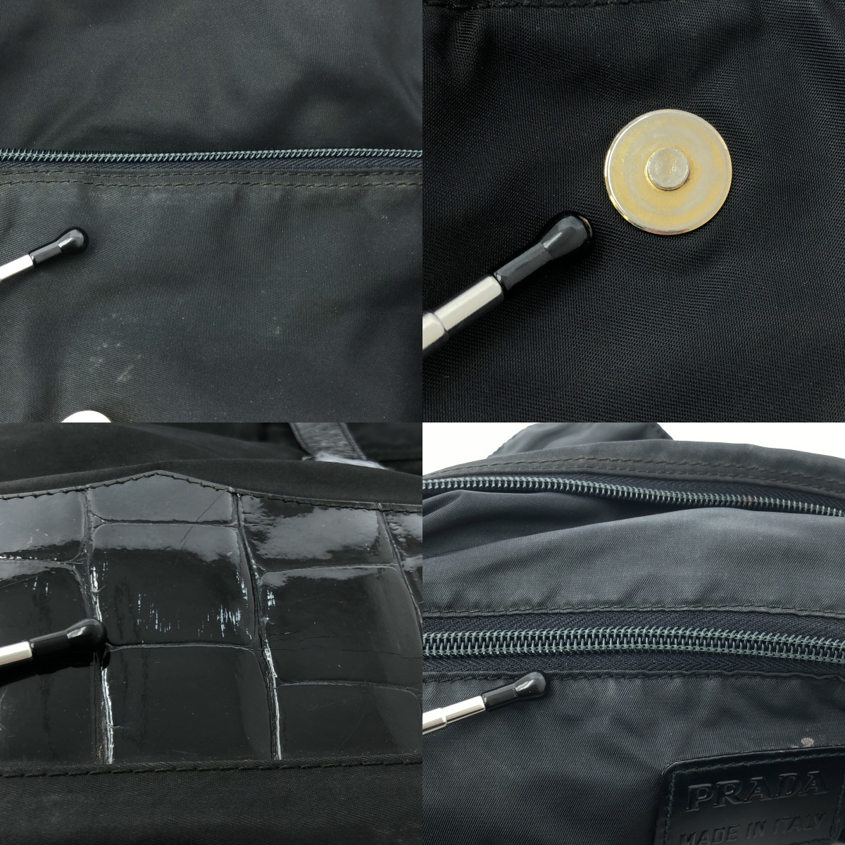 PRADA / プラダ ナイロン クロコ 型押し 切替 プレートロゴ ロングハンドル トートバッグ