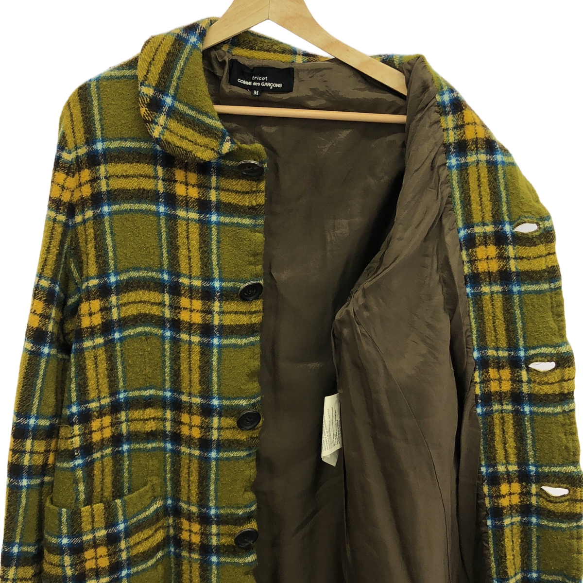 tricot COMME des GARCONS / トリココムデギャルソン ウール 縮絨 タータンチェック 丸襟 シングル コート / 総裏地